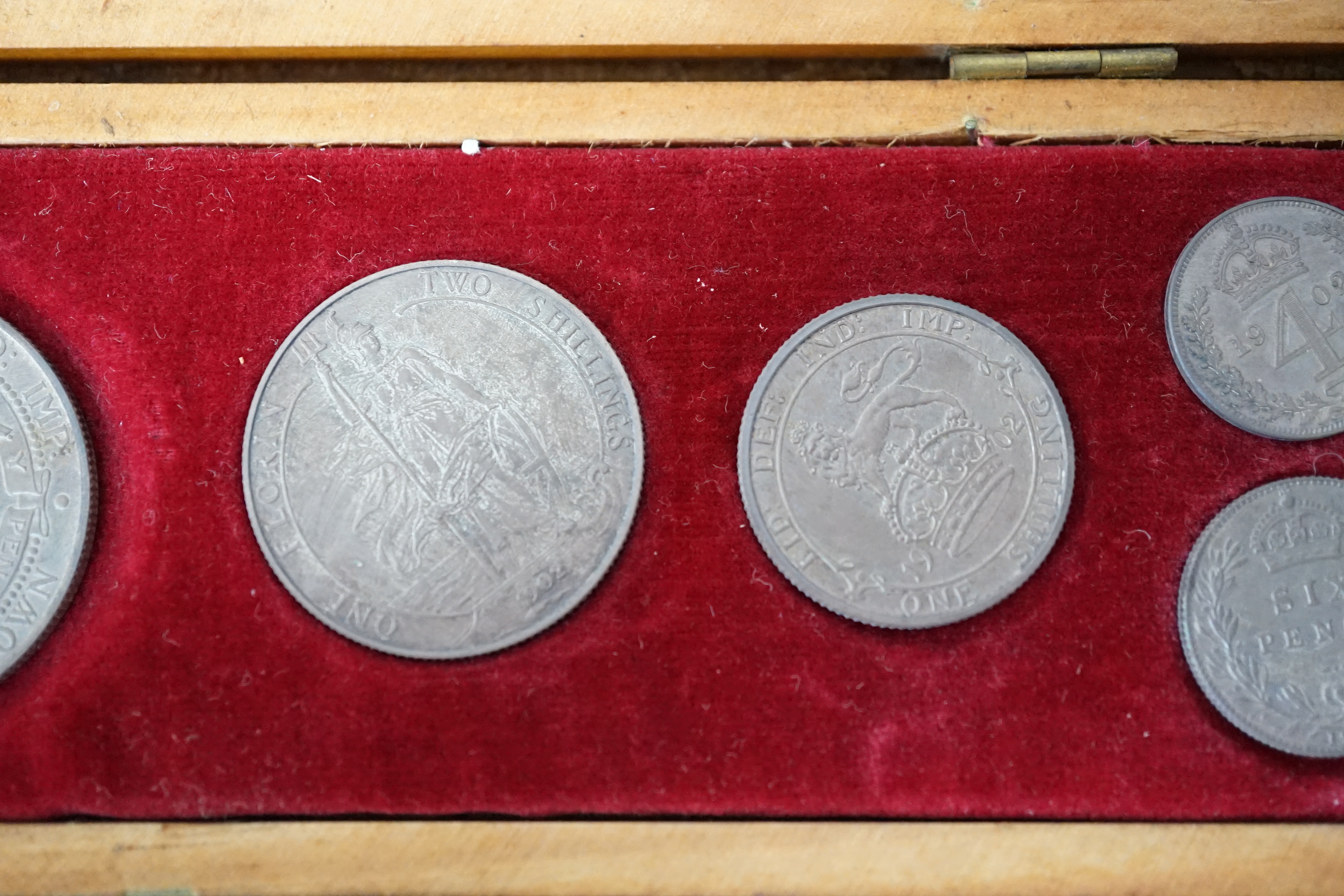 British silver proof coins, 1902 Edward VII matt proof six coin set ranging from crown to sixpence and a maundy fourpence, dark toning, associated case